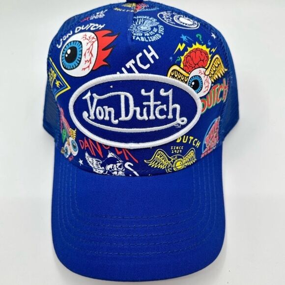 VON DUTCH Blue Flying Eyeball Wordmark Trucker Hat
